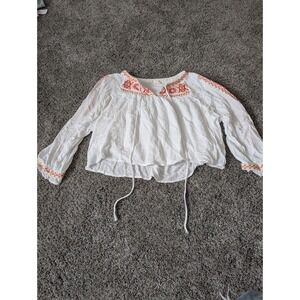 Altar'd State White Embroidered Tassel Tie Peasant Blouse Long Sleeve Medium